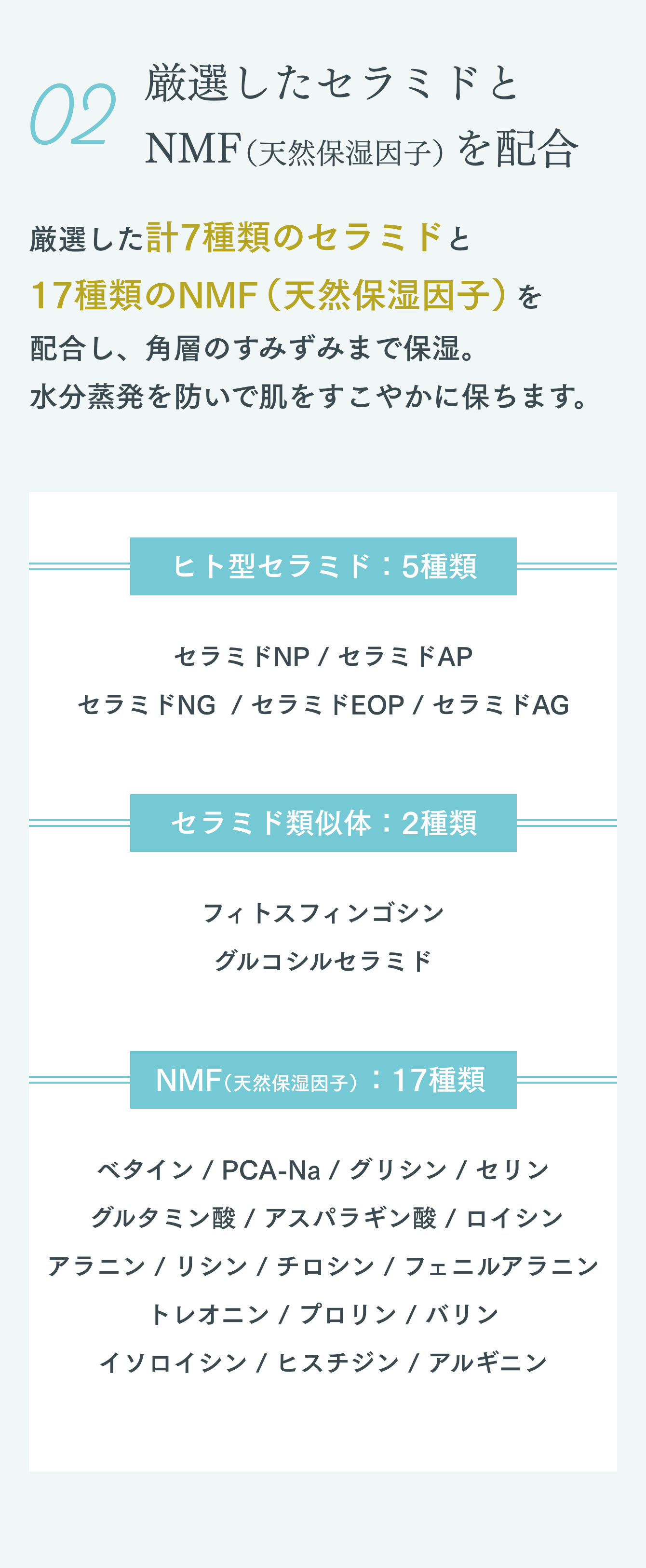 厳選したセラミドと NMF（天然保湿因子）を配合